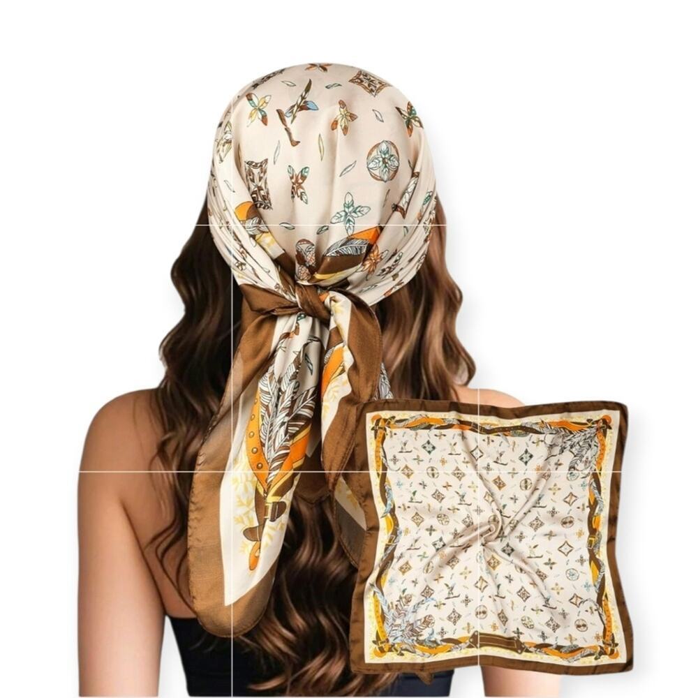 Women Scarf Bird Feathers Print Decorative Scarf Silky Satin Brown Black and Whi